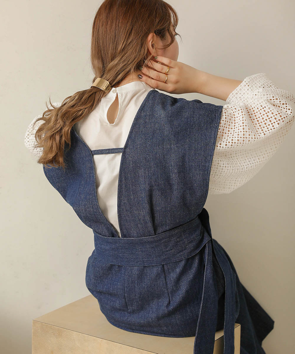 v-neck ribbon one piece (denim) *JP