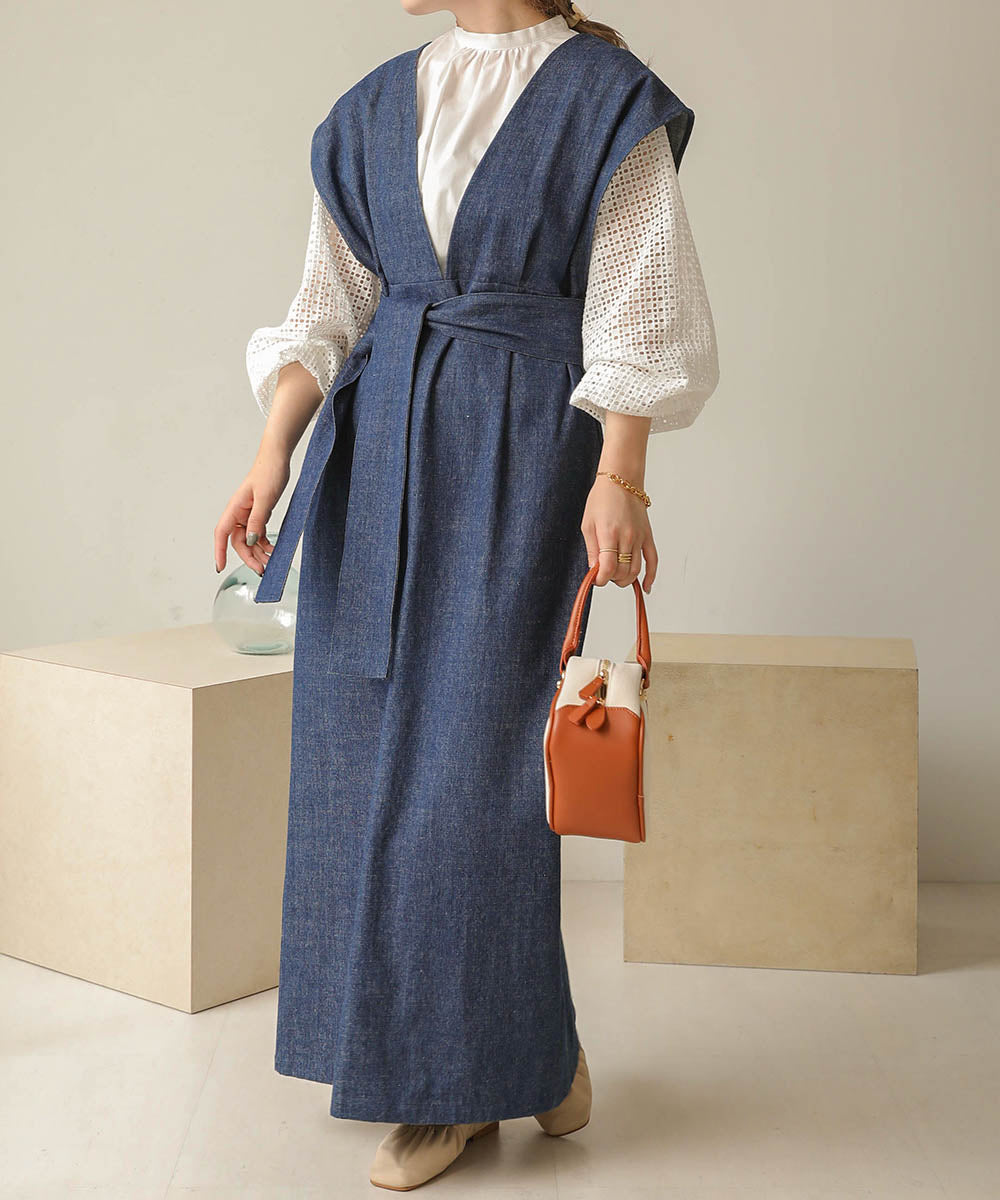 v-neck ribbon one piece (denim) *JP