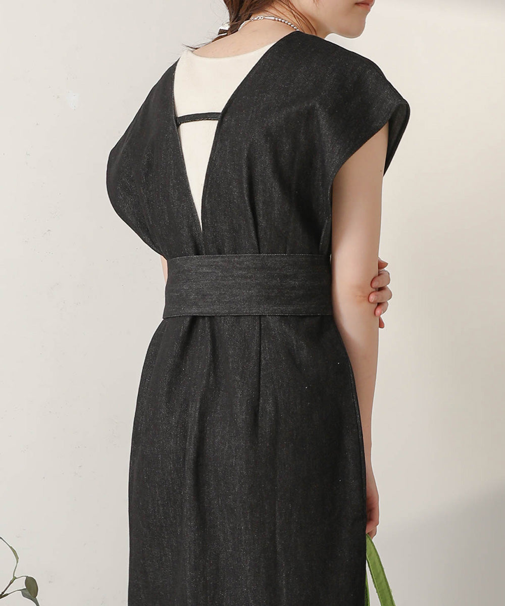 v-neck ribbon one piece (black denim) *JP