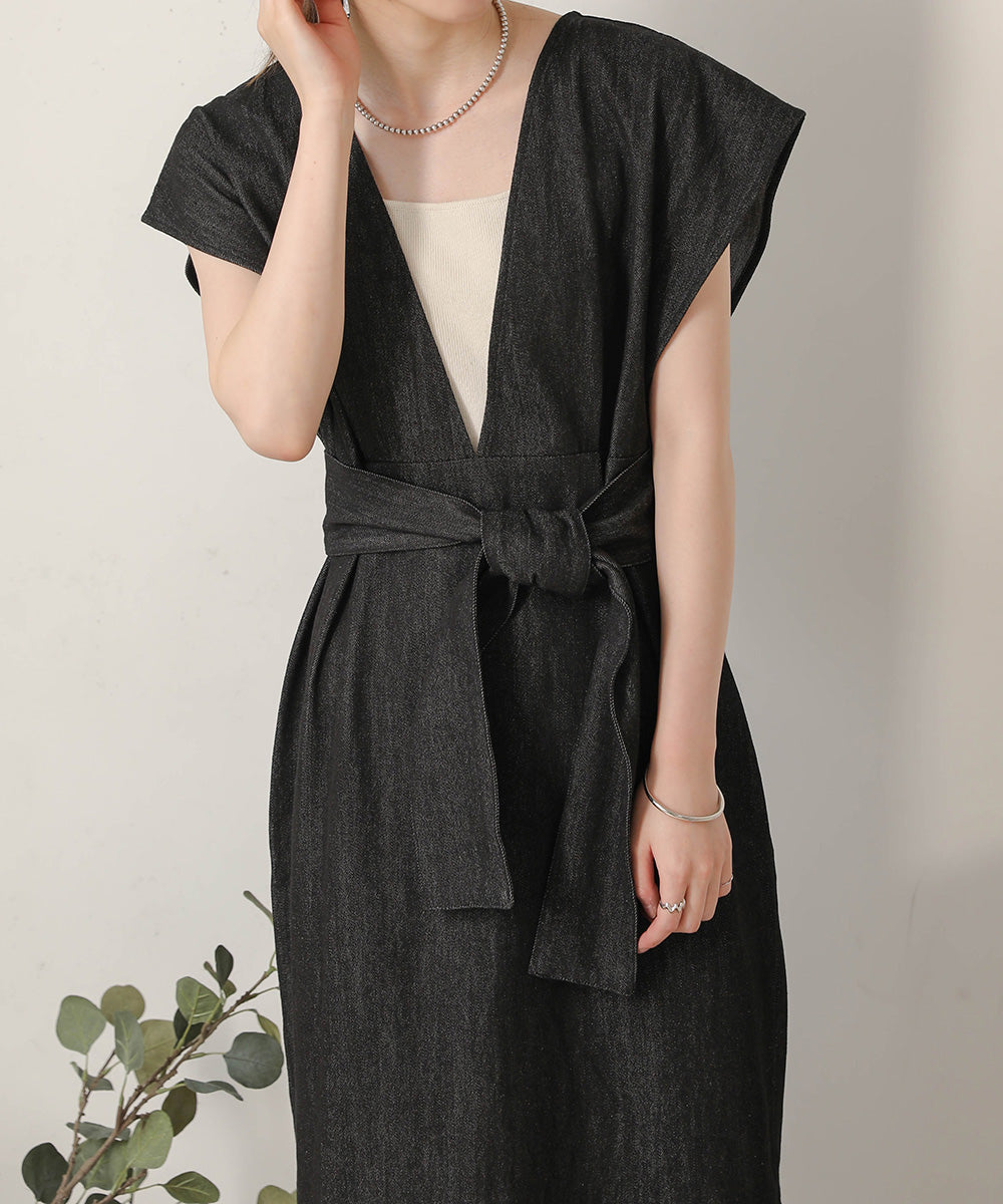 v-neck ribbon one piece (black denim) *JP