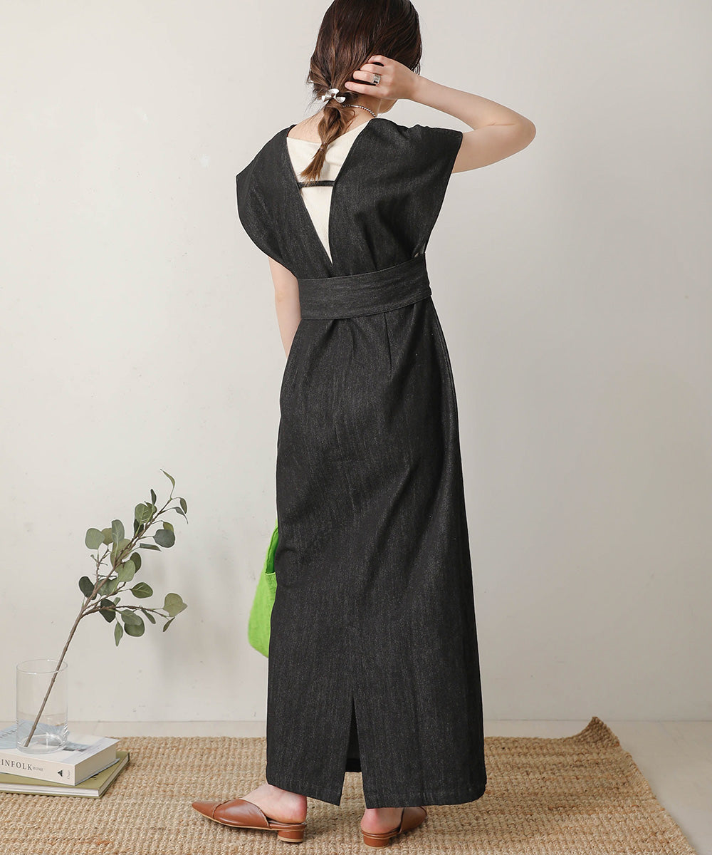 v-neck ribbon one piece (black denim) *JP