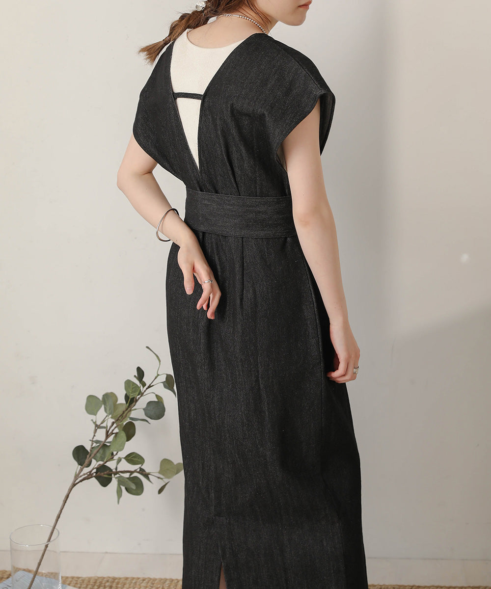 v-neck ribbon one piece (black denim) *JP