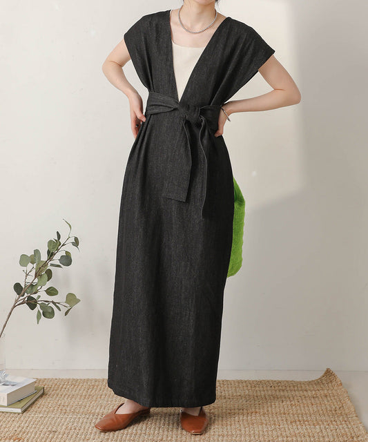 v-neck ribbon one piece (black denim) *JP