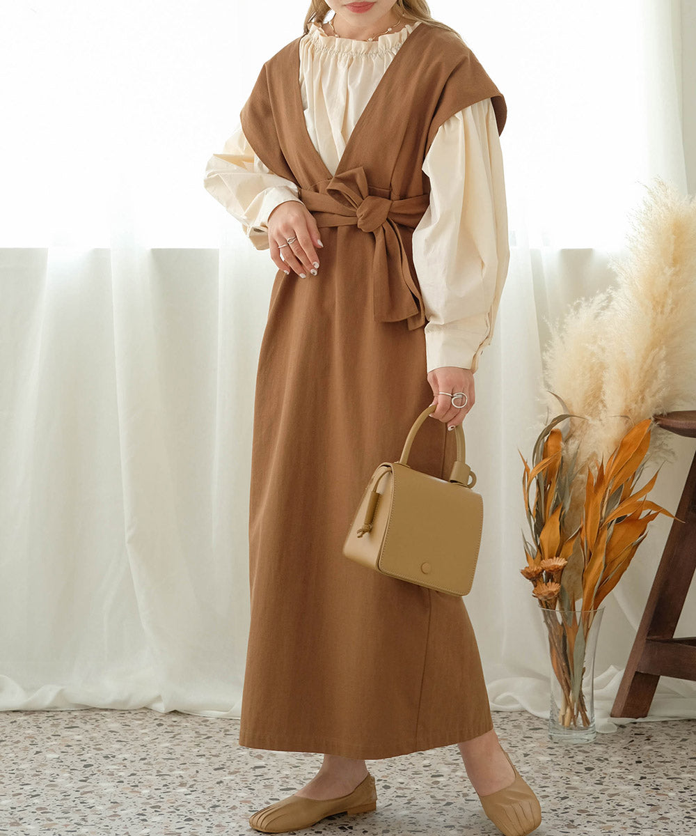 v-neck ribbon one piece (brown) *JP