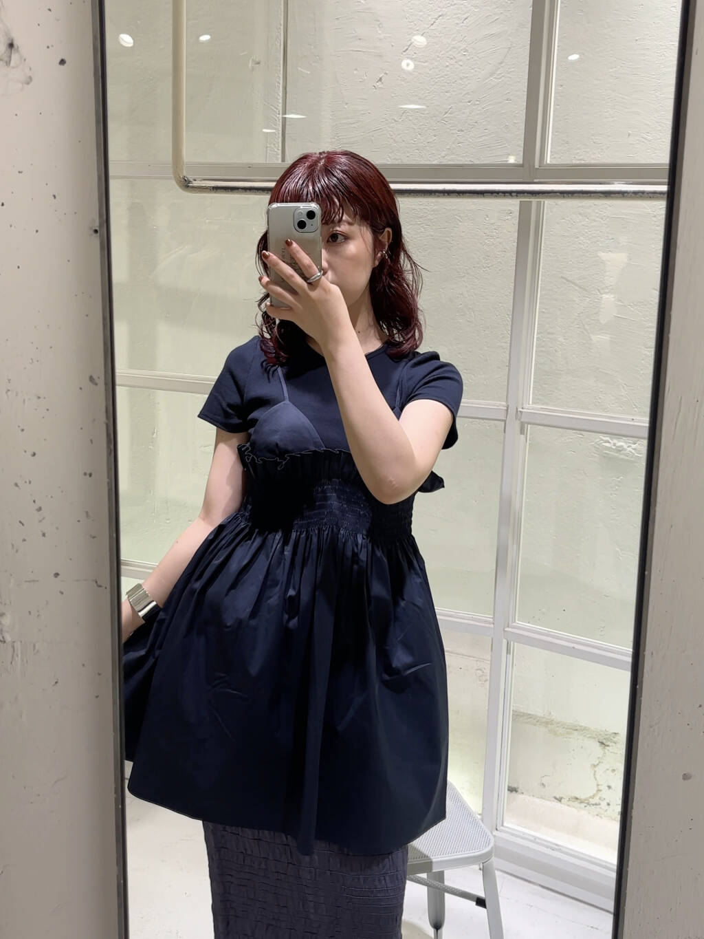 shirred mini dress (navy) *JP