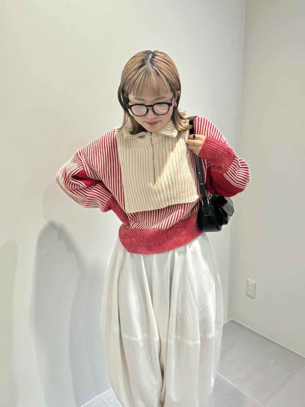 layered half zip knit (ivory x red) *JP