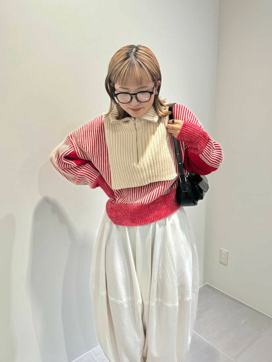 layered half zip knit (ivory x red) *JP