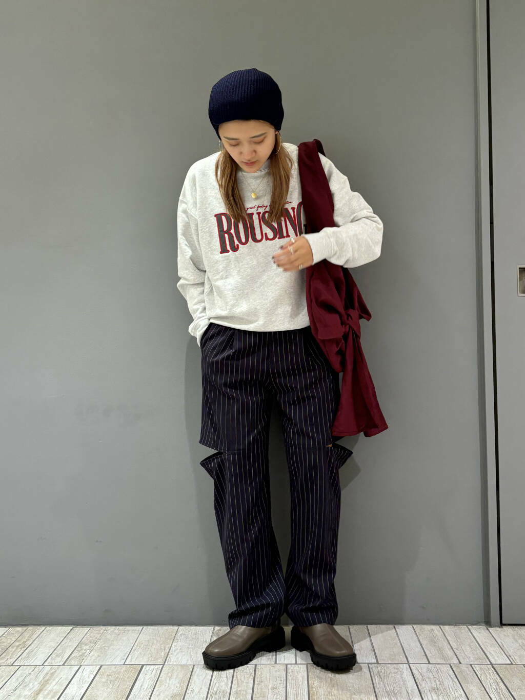 knee slit 2-way pants (gray striped) *JP