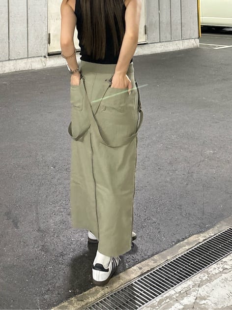 suspender maxi skirt (light khaki) *JP