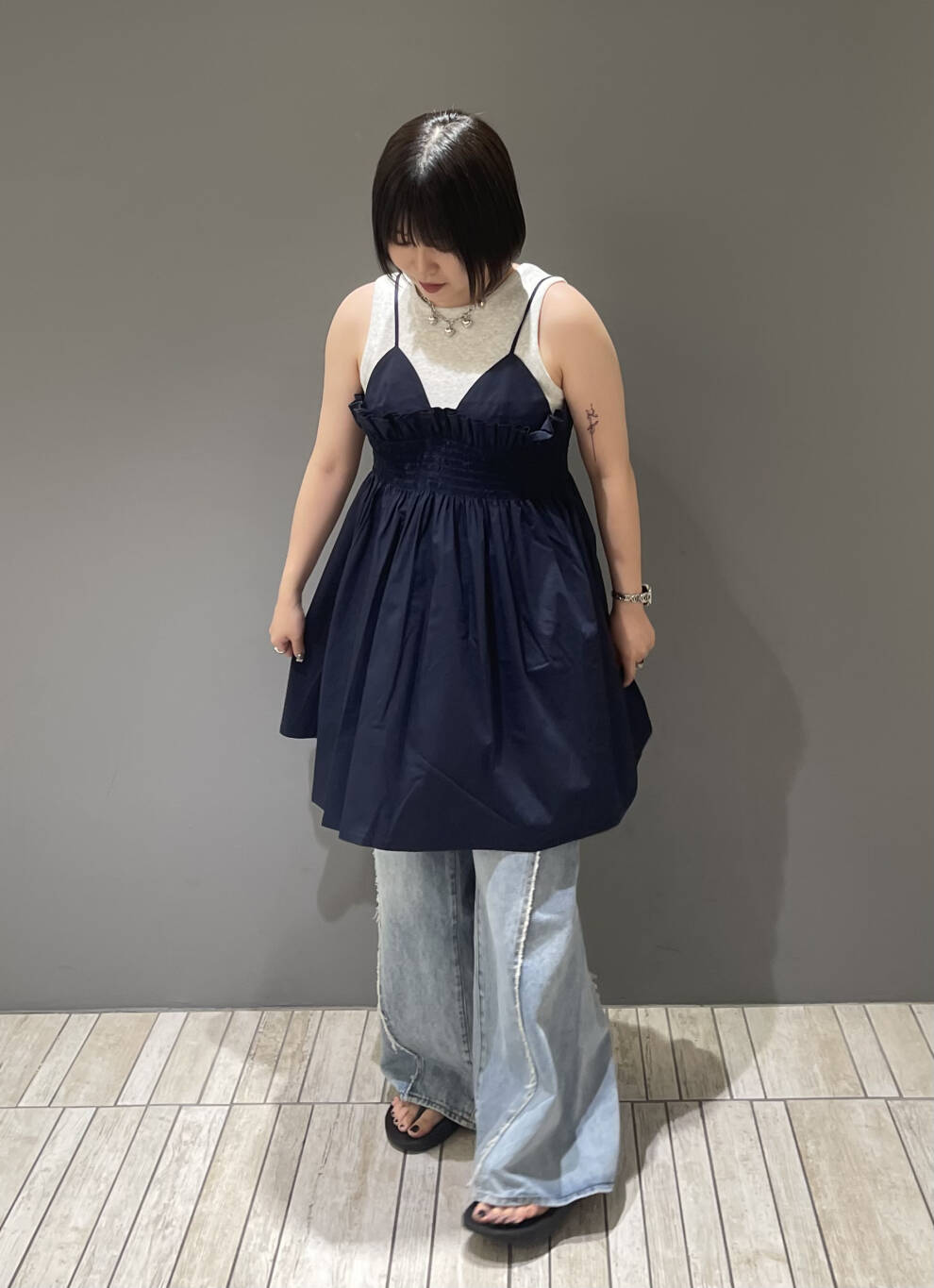 shirred mini dress (navy) *JP