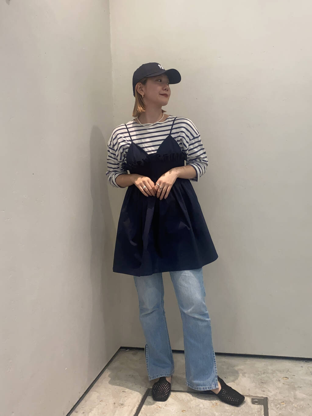 shirred mini dress (navy) *JP