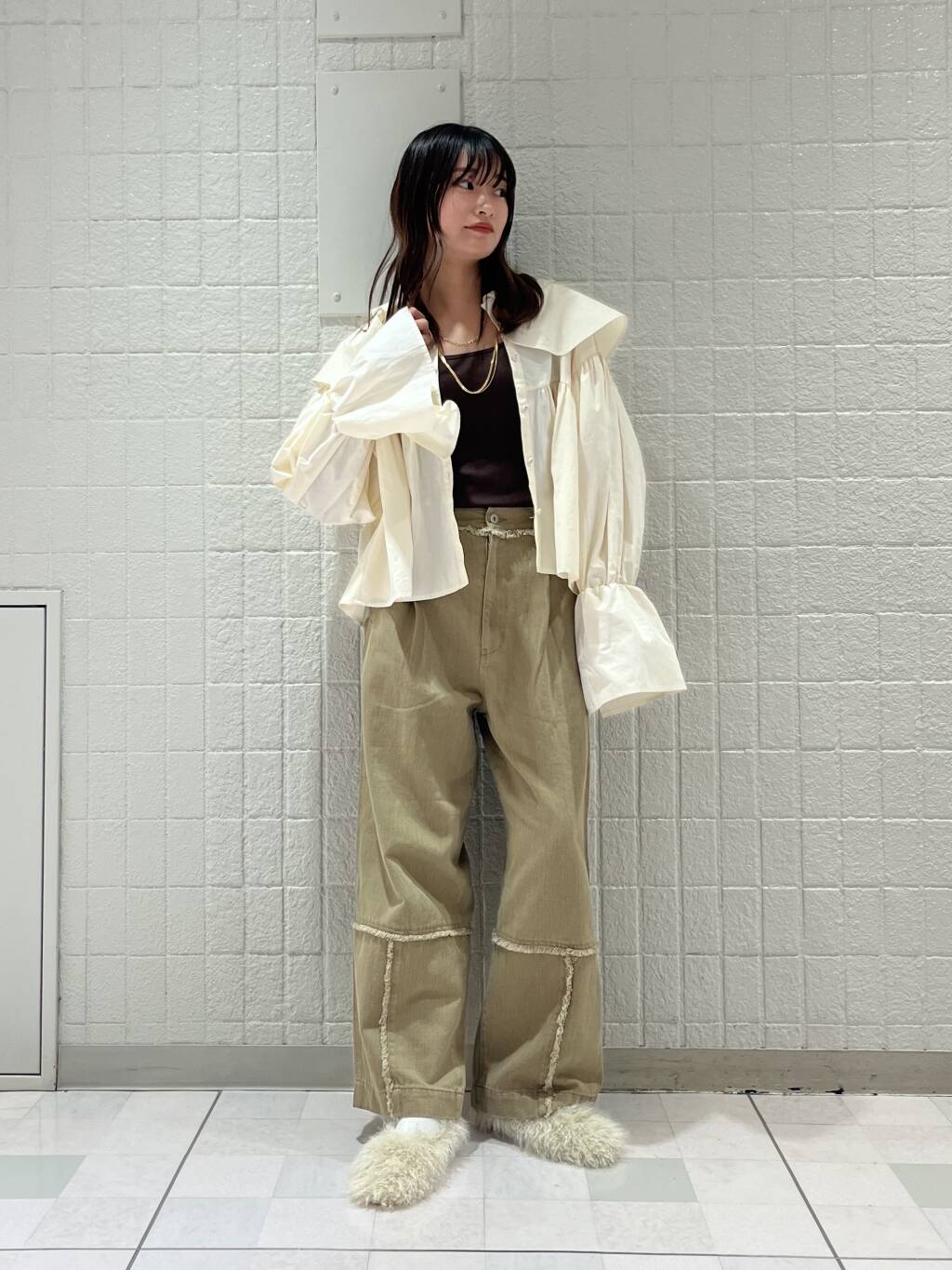 fringe straight pants (khaki) *JP