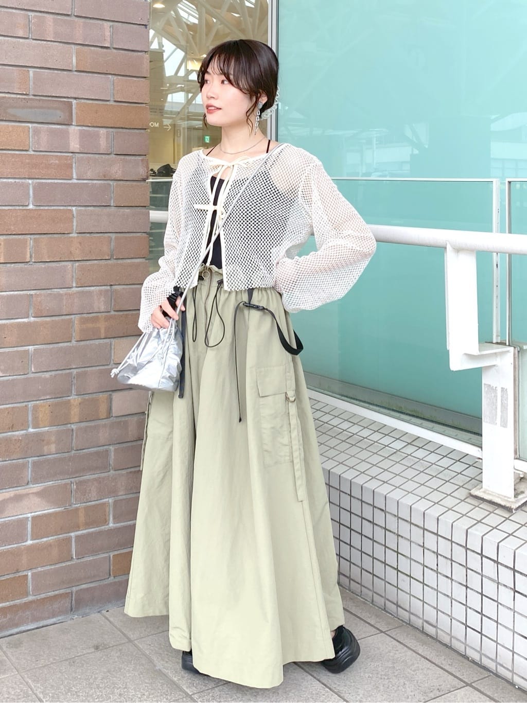 2way nylon gathered skirt (khaki) *JP