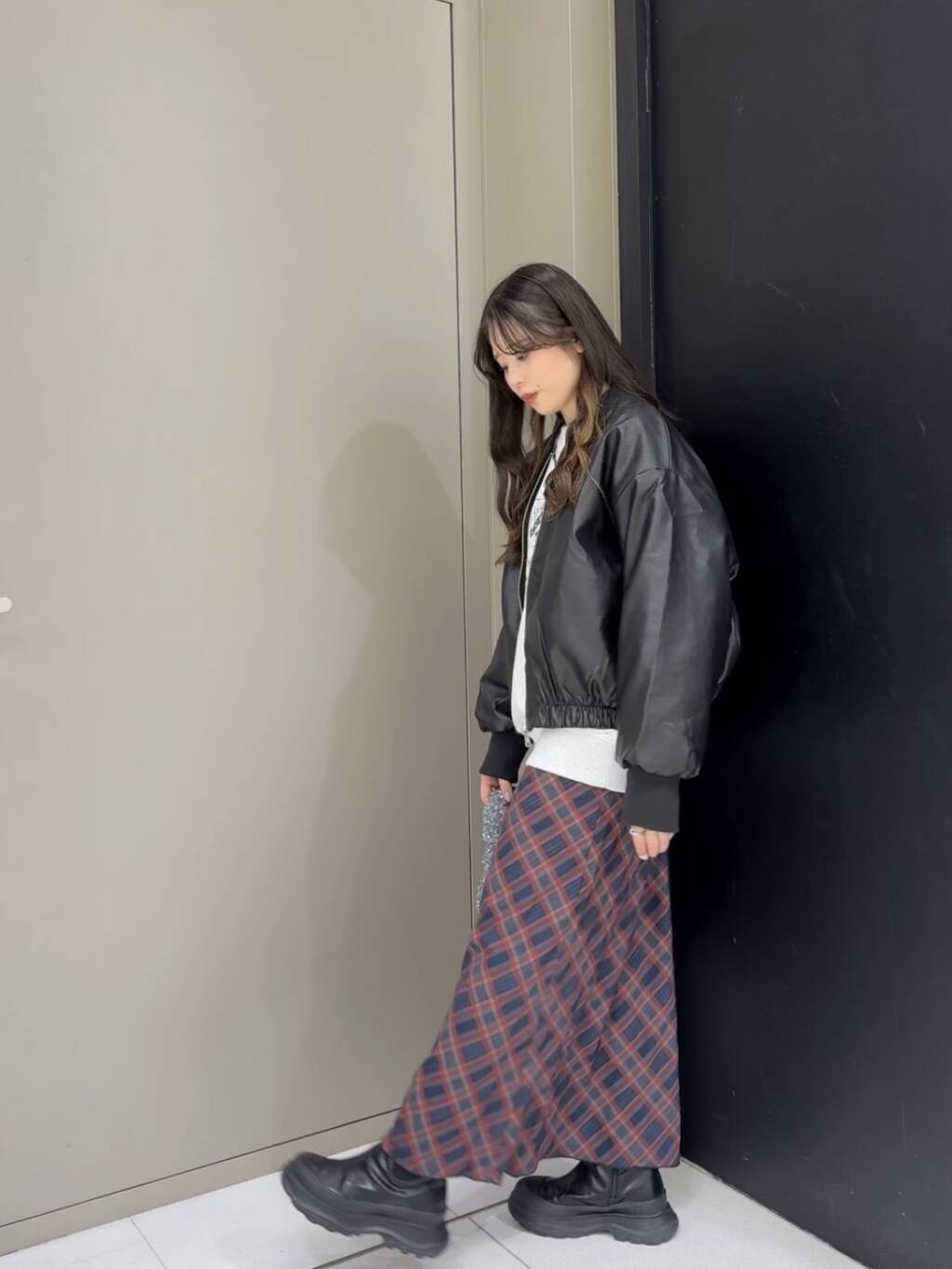 check narrow skirt (navy x red) *JP