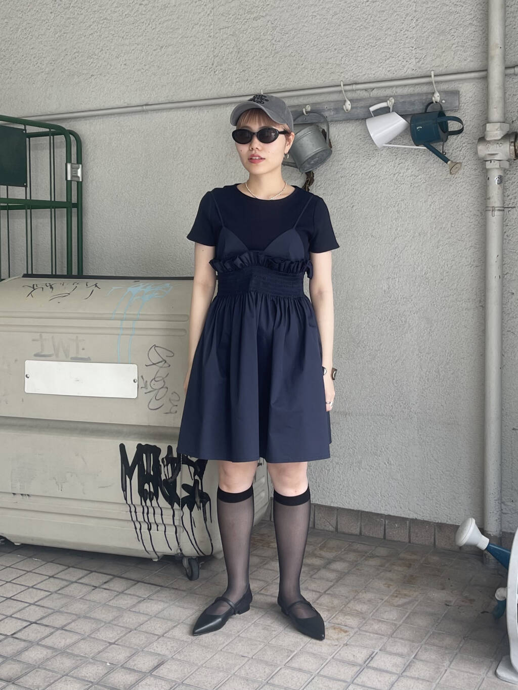 shirred mini dress (navy) *JP