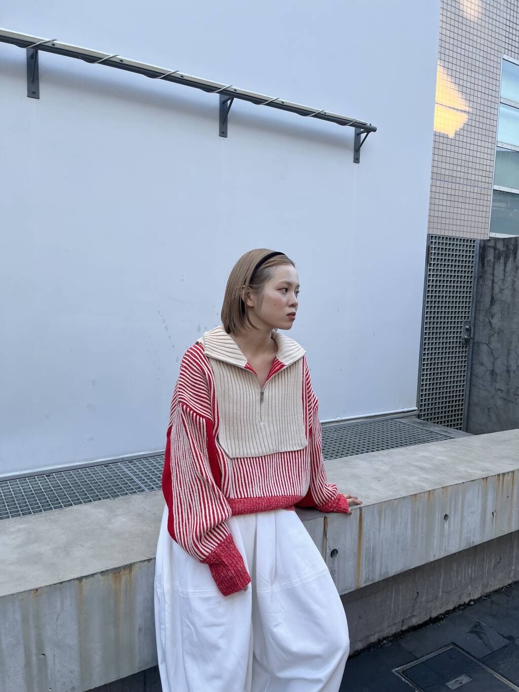 layered half zip knit (ivory x red) *JP