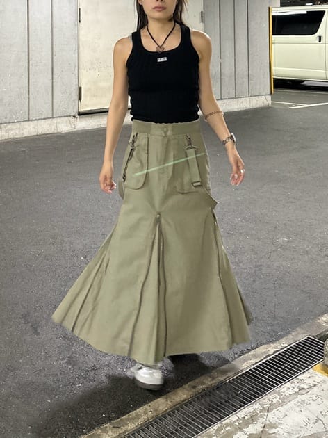 suspender maxi skirt (light khaki) *JP