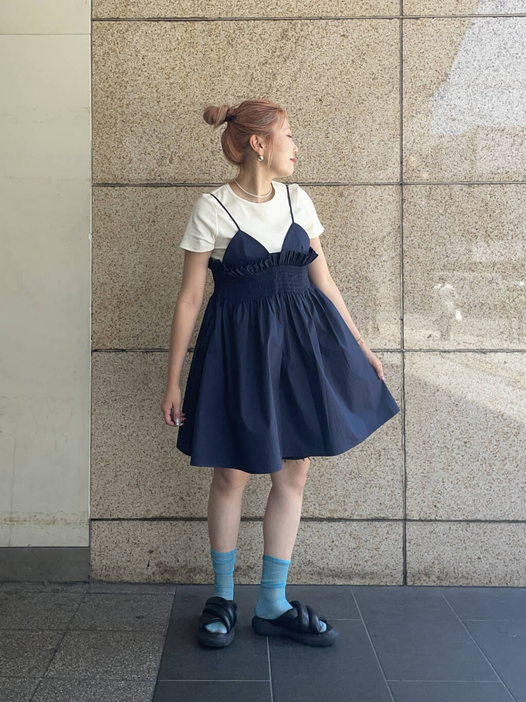 shirred mini dress (navy) *JP