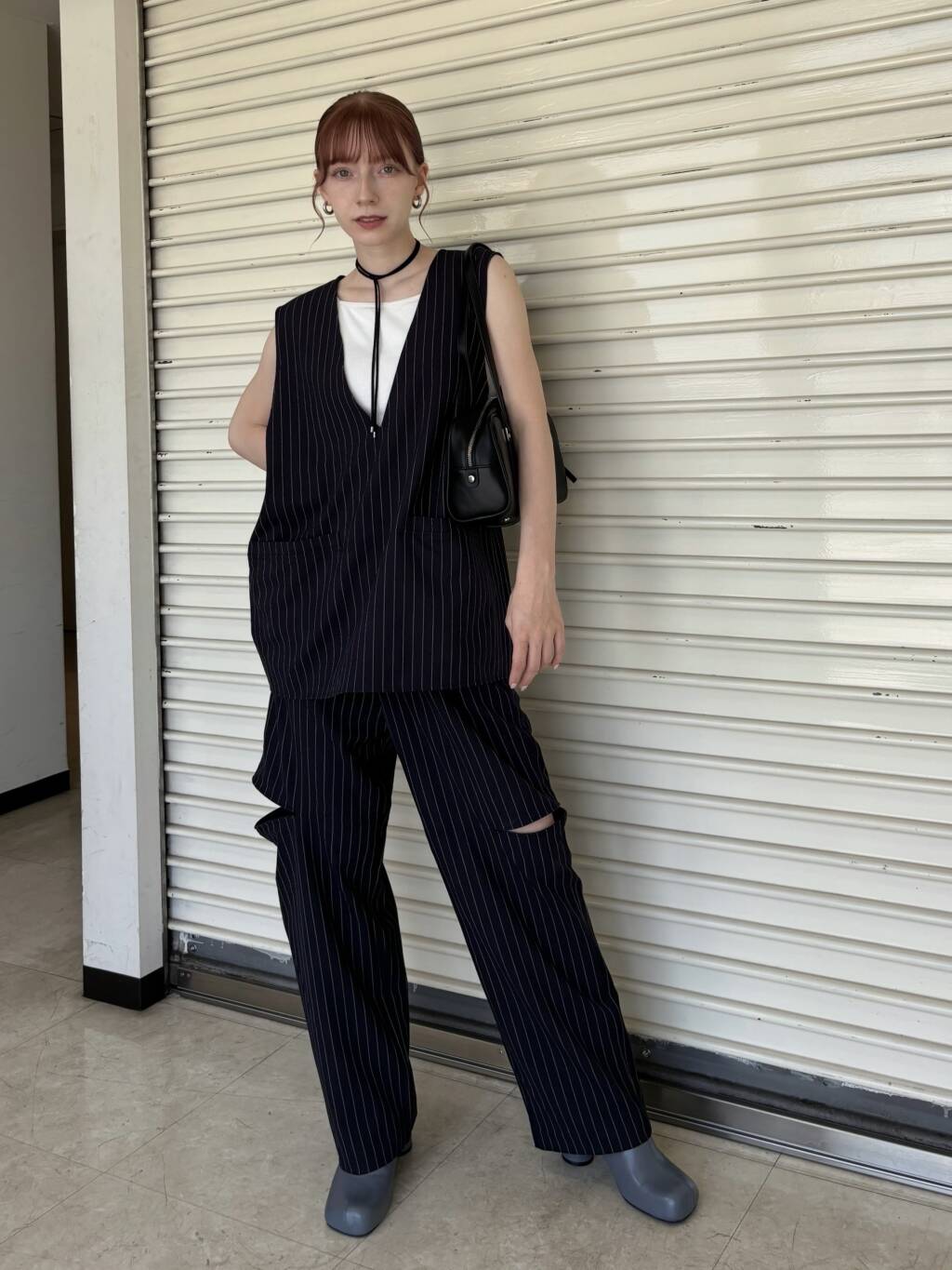 knee slit 2-way pants (navy striped) *JP