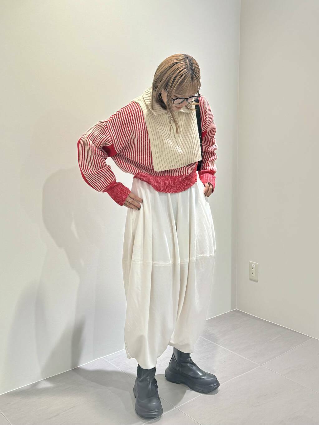 layered half zip knit (ivory x red) *JP