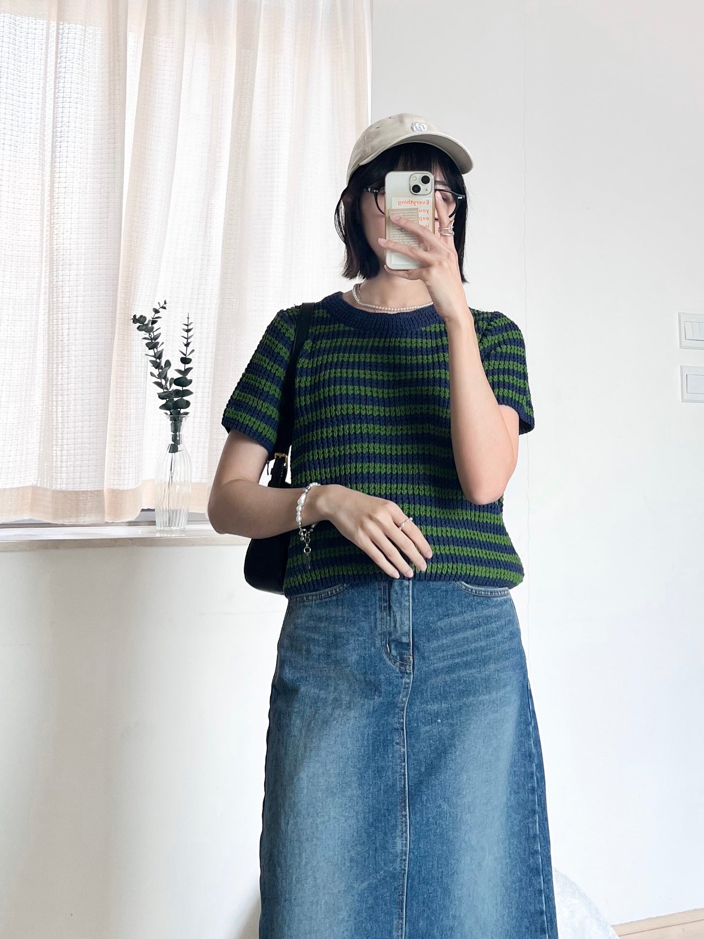 green x navy striped top