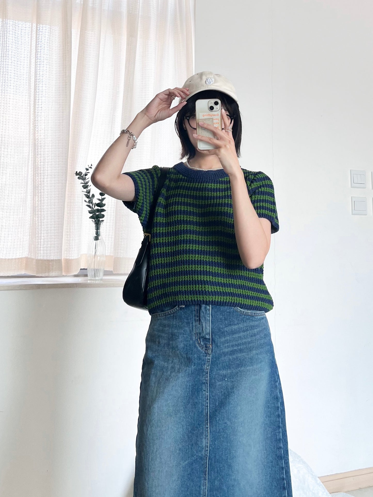 green x navy striped top