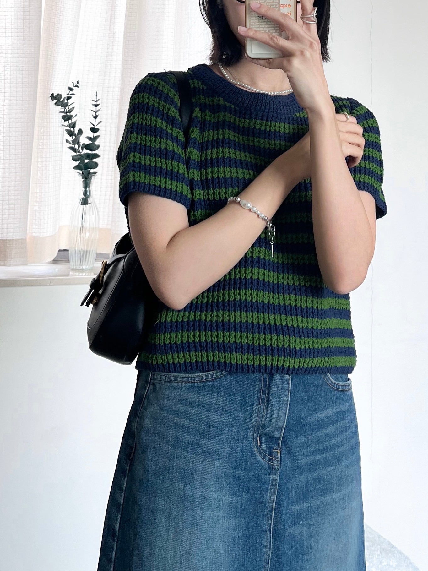 green x navy striped top