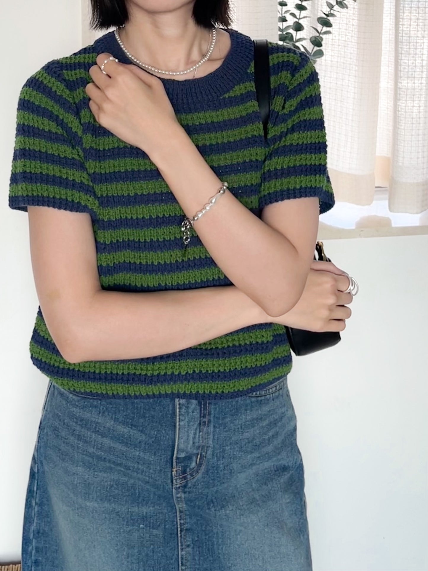 green x navy striped top