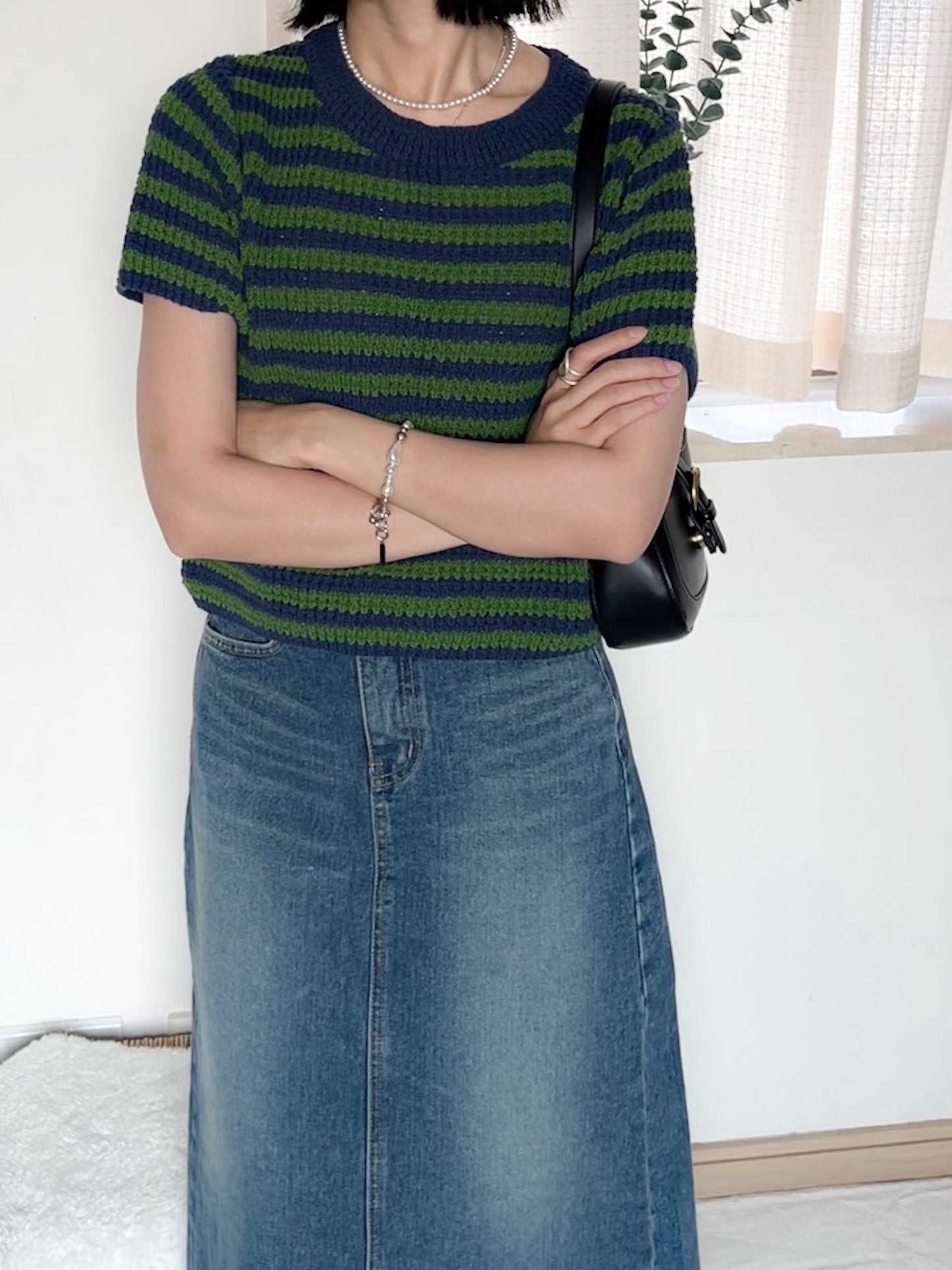 green x navy striped top